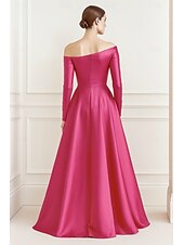 economico Abiti da Sera a Linea A-Linea ad A Lunghezza al pavimento Abito da Sera Elegante Manica Lunga Senza Spalle Matrimonio Formale Tasca Raso con Fiocco/Fiocchi Pieghe