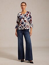 economico camicie, top e camicette-camicetta da vacanza con stampa a pennello e scollo tondo elasticizzato