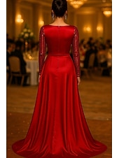 abordables Vestidos de Noche en A-Corte A Hasta el Suelo Bordado con cuentas Vestido formal Vestido de madre de la novia Vestido de gala con capa Vestidos de noche Vestimenta formal Elegante Lentejuelas Sedoso Manga Larga Cuello Barco