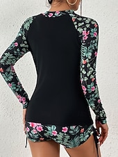 baratos Tankinis-Maiô Tankini Feminino 2 Peças Short Controle de Barriga Cintura Alta Slim Costas Descobertas Roupas de Praia de Férias Floral Folhas Decote Alto Com Mangas Longas