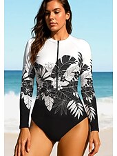 baratos Rash Guards de Uma Peça-Mulheres Segunda-pele para Mergulho Roupa de banho Roupas de Banho Esportivas Floral Tropical Zip Up UPF50+ Secagem Rápida Leve Manga Longa Camisa de Natação Surfe Praia Esportes Aquáticos Verão