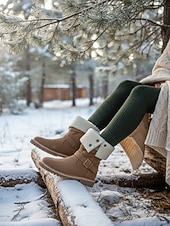 preiswerte Schnee- und Winterstiefel-Beige Wildleder-Schneestiefel für Damen, mittelhoch, mit Schnallenriemen – warme, mit Sherpa-Fleece gefütterte Winterstiefel für Outdoor-Aktivitäten im Schnee und auf Reisen
