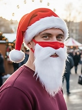 Недорогие Женские шляпы-Мужской рождественский комплект из шапки Санты и маски с бородой, красная плюшевая шапка с белым мехом, удобная маска для лица, аксессуар для праздничного костюма для рождественских вечеринок и праздничных мероприятий