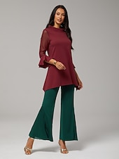 economico camicie, top e camicette-camicetta da donna in chiffon elasticizzato rosso natalizio, patchwork, manica 3/4, scollo a barca, primavera autunno