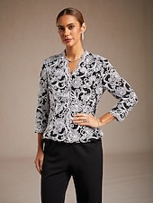  女性用 ドレッシーなトップス 刺繍 フラワー ペーズリー エレガント 七分袖 Ｖネック レギュラートップス ワーク パーティー セミフォーマル ブラック 春 秋 冬