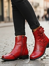 رخيصةأون جزمة الكاحل-حذاء نسائي من الجلد الأحمر بكعب متوسط وتطريز زهور - حذاء قصير كلاسيكي بكعب متوسط للملابس الكاجوال والأنيقة