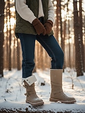 preiswerte Schnee- und Winterstiefel-Beige Wildleder-Schneestiefel für Damen, mittelhoch, mit Schnallenriemen – warme, mit Sherpa-Fleece gefütterte Winterstiefel für Outdoor-Aktivitäten im Schnee und auf Reisen