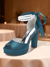 baratos Sandálias de Plataforma-Sandálias femininas de salto alto plataforma em cetim roxo com tira de pérolas no tornozelo - sapatos de festa glamorosos de bico aberto para eventos noturnos, casamentos e coquetéis.