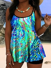 baratos Tankinis-Maiô Feminino Tankini 2 Peças Palma Cintura Alta Costas Nuas Roupas de Praia para Férias Gráfico Geométrico U Neck Sem Manga