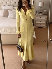 economico Abiti in maglia-Per donna Abito maxi Tubino Casual Quotidiano Vestibilità regolare Semplice Manica Lunga Collo a V Nero Bianco Giallo Primavera Autunno Inverno