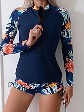 Недорогие Танкини-Женский танкини из 2 предметов купальник с молнией спереди пальмы шорты контроль живота высокая талия узкий спина без бретелек пляжная одежда цветочный листья высокий вырез длинные рукава