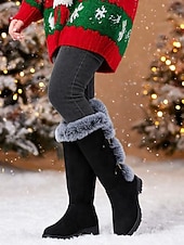 Недорогие Модные сапоги-Женские красные зимние сапоги из искусственной замши - высокие сапоги до колена с отделкой из искусственного меха и пряжкой на ремешке, стильная теплая рождественская обувь для улицы и повседневной