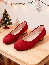 cheap Women&#039;s Christmas Shoes-Women&#039;s Red Suede Flats with Metallic Heel - Comfortable Slip-On Shoes for Casual, Work and Christmas Parties