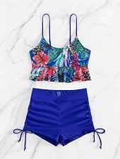 levne Tankiny-Dámský tankini 2-dílný plavecký úbor s řasením palm šortky kontrola břicha vysoký pas štíhlé bez zad dovolená plážové oblečení květinový kulatý výstřih bez rukávů