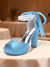 baratos Sandálias de Plataforma-Sandálias femininas de salto alto plataforma em cetim roxo com tira de pérolas no tornozelo - sapatos de festa glamorosos de bico aberto para eventos noturnos, casamentos e coquetéis.