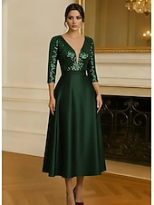 cheap Cocktail Dresses-A-Line Tea Length Cocktail Dresses Party Dresses Flared Dress Elegant 3/4 Length Sleeve V Neck Garden Party Wedding Satin with Sequin