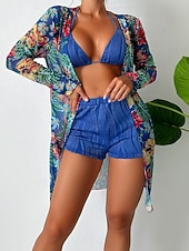 preiswerte 3-teiliges Bikini-Set-Damen Bikini 3-teilig Badeanzug Palm Shorts Bauchkontrolle Hohe Taille Slim Rückenfrei Urlaub Strandbekleidung Blumen Halterhals Ärmellose Bademode