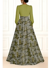  Abito da sera A-Line in broccato jacquard floreale elegante abito formale da matrimonio lunghezza fino al pavimento maniche lunghe collo a V tasca in raso con spacco arricciato
