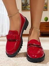 economico Slip-ons e mocassini da donna-Mocassini in ecopelle rossa da donna con dettaglio a fiocco e suola piatta spessa – Scarpe slip-on eleganti per ufficio e uso quotidiano