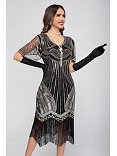 preiswerte 1920er Kleider-Goldene Zwanziger 1920er Knielang Flapper Kleid Kurze Ärmel Der große Gatsby Pailletten Fransen V Ausschnitt Kostüm Damen Weihnachten Karneval Flüsterkneipe Maskerade Retro-Mottoparty Erwachsene