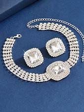 ieftine Colier de damă-Set de bijuterii din cristal pentru femei - colier tip choker cu strasuri strălucitoare și inele statement pentru petrecere, banchet de seară sau ocazii speciale