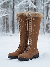 cheap Snow &amp; Winter Boots-Women's Brown Lace-Up Fur Lined Boots - Knee-High Winter Boots with Warm Faux Fur Collar for Outdoor Snow and Holiday Wear