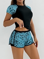 economico Tankini-Costume da bagno tankini da donna 2 pezzi pantaloni corti palmo controllo pancia vita alta slinguato senza schiena vacanza in spiaggia scollatura rotonda floreale con maniche corte