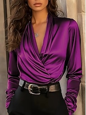 abordables Blouses Unies-Femmes Chemise en satin Chemise habillée Chemisier Froncé Couleur Unie Élégant Basique Occasionnel manche longue Col en V Hauts Réguliers Quotidien Extérieur Travail Noir Fuchsia Marron Vert