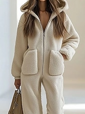 ieftine Salopete Damă-Pentru femei loungewear Salopete de dormit Cald Modă Sexy Culoare pură Fermoar Buzunar Hanorac cu Glugă Vacanță Casă Stradă Manșon Lung Stil Nautic Alb Toamnă Iarnă Potrivire Largă