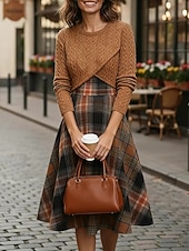 abordables Robe Rayée et Géométrique-Femmes Robe Midi Robe trapèze Occasionnel Boho Quotidien Coupe régulière Plaid manche longue Col ras du cou Orange Printemps Automne Hiver