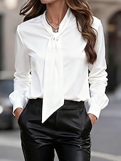 abordables Blouses Élégantes-Femmes Chemise Elegant Habillé Haut en satin Froncé À lacets Boutons Couleur Unie Uni Élégant ancien Dames manche longue Col Croisé Hauts Réguliers Quotidien Travail Fête Blanche Automne Hiver