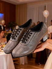 economico Sneakers da danza-scarpe da ballo latino da donna in oro e argento - scarpe da ballo professionali da sala da ballo, tango, jazz, con lacci, finitura metallica sfumata e tacchi bassi per esibizioni o prove