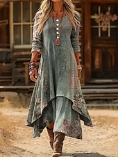 halpa Tyylikkäät kukkaiset mekot-Naisten Midimekko Väljä mekko Vapaa-aika Päivittäin Pyhäpäivä Normaali Kuvitettu Geometrinen Pitkähihainen Tiukka pyöreä kaula-aukko Sininen Rubiini Apila Syksy Talvi