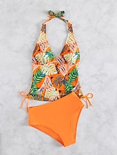 economico Tankini-Costume da bagno tankini da donna 2 pezzi arricciato palmo cheeky controllo pancia vita alta slinguato senza schiena vacanza in spiaggia scollatura a halter floreale senza maniche