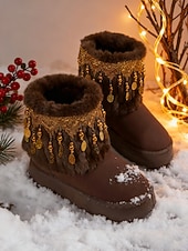 cheap Snow &amp; Winter Boots-Women's Beige Faux Fur Snow Boots with Rhinestone Tassel Fringe – Warm Platform Ankle Booties for Winter Parties, Christmas &amp; Holiday Fashion