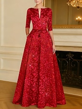 economico Abiti da sera a tubino-Linea ad A Lunghezza al pavimento Perline ricamate Abito Formale Abito da madre della sposa Abito da Sera Da principessa Abito formale Elegante Brillanti Mezza Manica Scollo a Barca Matrimonio Formale