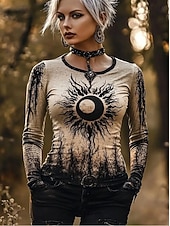 ieftine tricou boho-Tricou Boho pentru Femei Grafic Viking Vintage Bohemia Stil Vintage Mâneci Lungi Gât Rotund Topuri Regulate Zile de Zi Weekend Imprimare Negru Primăvară Toamnă Iarnă