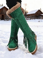 abordables Snow &amp; Winter Boots-Women's Green Fringe Faux Suede Snow Boots with Fur Lining – Stylish Knee-High Winter Boots Footwear for Cold Weather, Snow and Outdoor Adventures