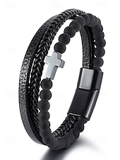 Недорогие Мужские украшения-мужской браслет с магнитной застежкой — дизайн из натурального камня и искусственной кожи, стильный и прочный, идеально подходит для повседневной носки.