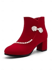 preiswerte Stiefeletten-Rote Damen-Ankle-Boots mit Imitationsperlenbesatz – eleganter Festtagsstil, weiches Futter, praktischer seitlicher Reißverschluss, perfekt für Weihnachtsfeiern, Winteroutfits, Familienfeste und als Geschenk.