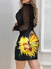 abordables Robes fleuries-Femmes Mini Robe Robe fourreau Occasionnel Extérieur Sortir Coupe Slim Fleuri Tournesol manche longue Col en V Jaune / Noir Noir Jaune Printemps Automne