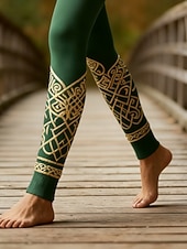 preiswerte -Damen Vikinger Leggings Gemütliche Leggings Urlaub Vintage Ethno-Stil Volle Länge Hohe Taille Grafik Drucken Bequem Hohe Elastizität Lässig Täglich Urlaub Grün Frühling Herbst Schmale Passform