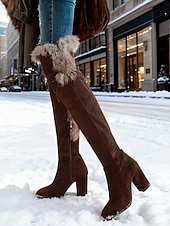 baratos Botas de neve e inverno-Botas femininas marrons de camurça acima do joelho com acabamento em pele sintética – botinhas estilosas de salto alto com zíper para o inverno, neve e ocasiões casuais ou ao ar livre.