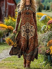 tanie Sukienka boho-Sukienka midi damska Boho Sukienka A-line Krój dopasowany i rozkloszowany Wakacyjna Casual Codzienna Regularny krój Grafik Geometryczny Długi rękaw Dekolt zaokrąglony Jasny żółty Czerwony wino Jesień
