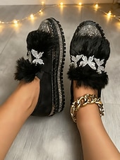 preiswerte Damen-Sneaker-Damen-Loafer mit Strass-Schmetterling und Kunstpelz – funkelnde Slipper für Partys und Club-Outfits &amp;Winter-Glamour-Stil