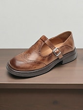 billiga Platta damskor-Bruna damskor i konstläder med brogue-detaljer, Mary Jane-skor, klassisk och bekväm stil, perfekta för arbete, vardagsutflykter och vardagsbruk.