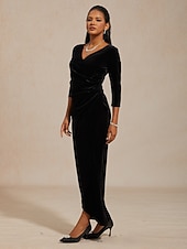 economico Abiti da festa-Per donna Abito Midi Abito a Portafoglio Elegante Festa serale Ospite di nozze Asimmetrico Taglia piccola Tinta unica Manica 3/4 Scollo a V Nero