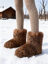 cheap Cowboy &amp; Western Boots-Women&#039;s Leopard Print Faux Fur Snow Boots - Cozy Winter Booties with Soft Faux Fur Lining, Stylish and Warm for Cold Weather and Outdoor Activities