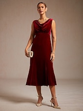  Damen Midikleid Trompeten- Meerjungfrauenkleid Elegant Party Hochzeitsgast Cocktailparty Normale Passform Einfarbig Ärmellos Wasserfallausschnitt Wein