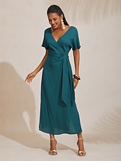 economico Abiti floreali-Abito midi a portafoglio arricciato con scollo a V in lino tencel arancione rosso da donna
